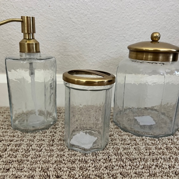 New Anthropologie Glass Toothbrush Holder Soap Dispenser Set with Brass Accents - Picture 1 of 2